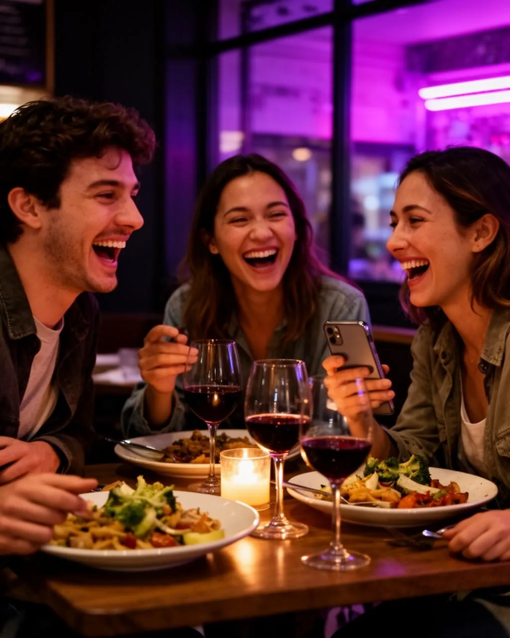 Tři přátelé se smějí u večeře v restauraci